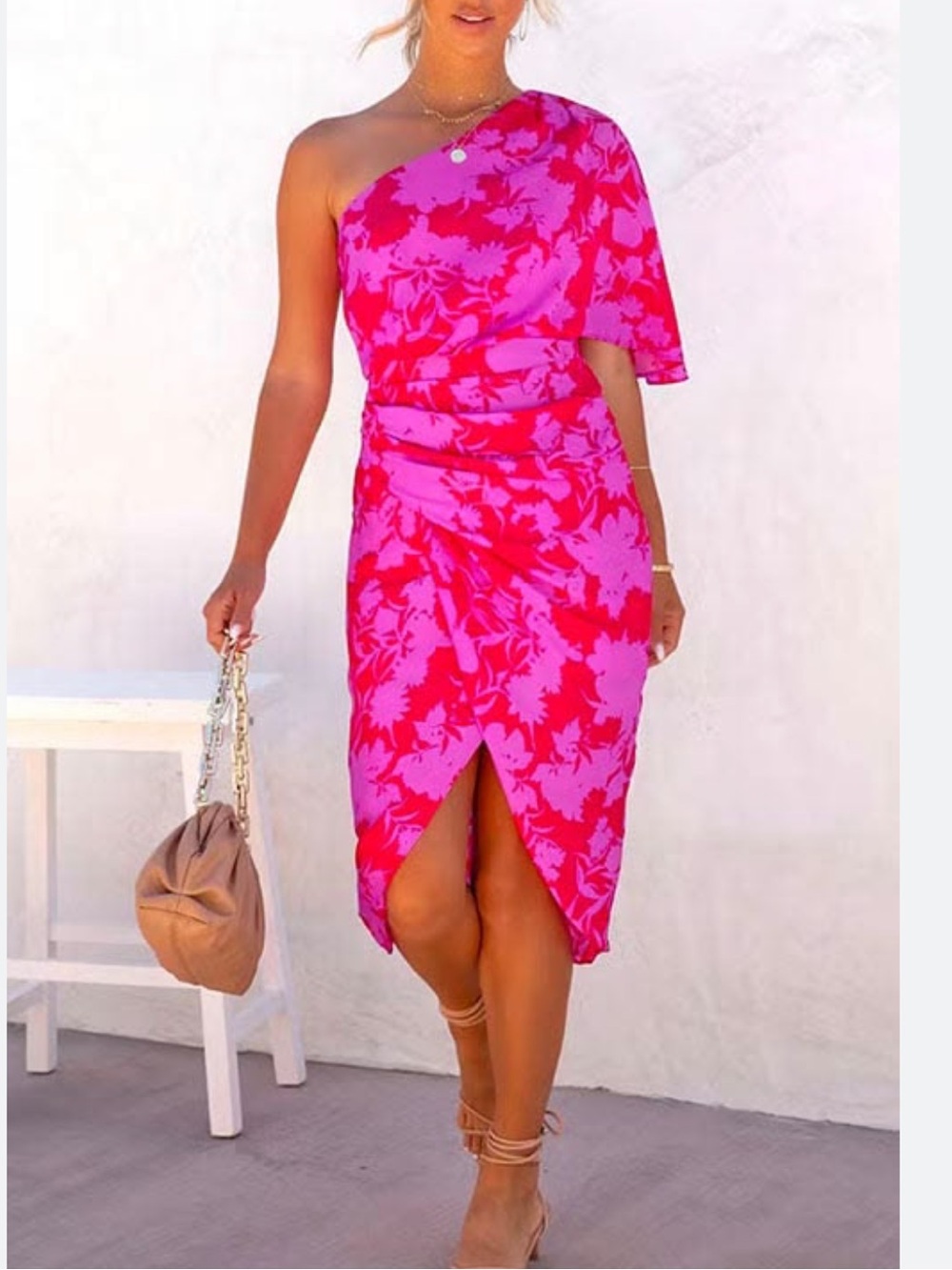 UNBRANDED One-Shoulder Red and Pink Floral Shift Dress High Low Ruching Ruffle M